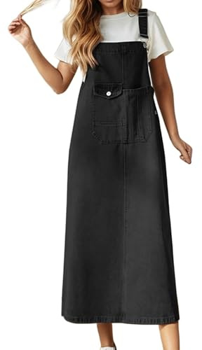 Women's Casual Suspender Dress Loose Sleeveless Denim Overall Jumpsuit Long Pinafore Dungarees with Adjustable Straps and Pockets, Comfort Fit Long Length Dress