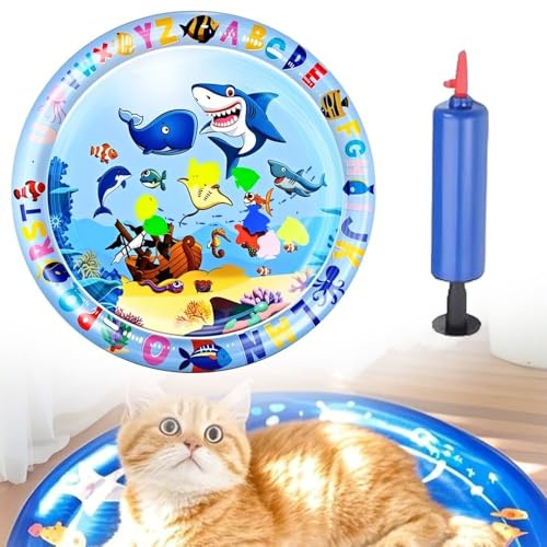 Sensorische Wasser Spielmatte für Katzen & Hunde – Verdickte Sommer Wassermatte für Haustiere – rutschfeste Kühlmatte mit Fischen – Interaktive Wasserspielmatte für drinnen & draußen (Hellblau)
