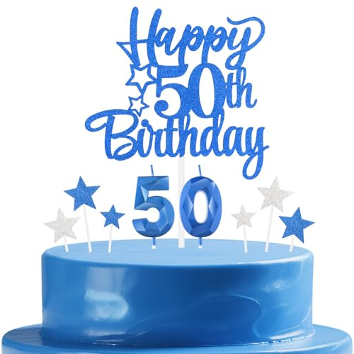 mciskin Royal Blue 50th Birthday Candles Cake Toppers Set,50th Birthday Decorations for Men,Sapphire Number 50 Candle for Cake,Royal Blue and Silver Star Cake Toppers for Men Women Birthday Party