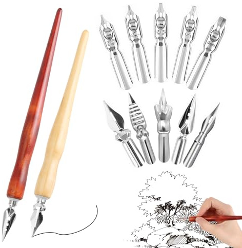 12 PCS Comic Dip Pen Calligraphy Dip Pen Set Including 2 Pen Holders +10 Different Nibs Comfortable Grip Dip Pens for Animation Calligraphy Sketch Signing Painting Cartoonists Artists, Back to School