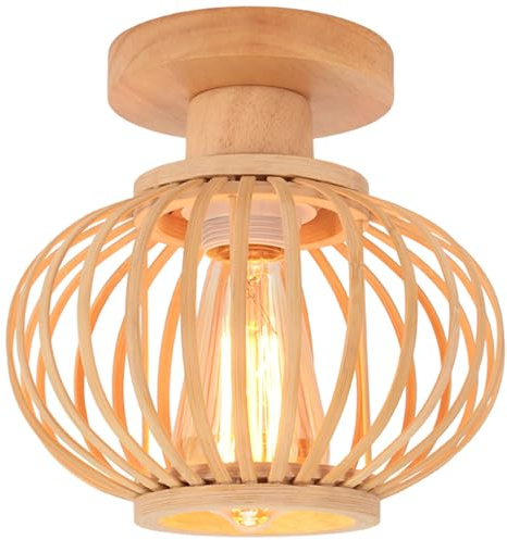 LIGKIN Deckenleuchte aus Bambus im Vintage-Stil Boho-Kronleuchter Retro-Deckenlampe Holz Ø20cm Lampenschirm Laterne Design Deckenbeleuchtung für Wohnzimmer Flur Schlafzimmer