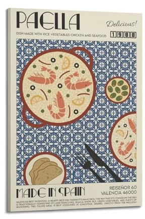 XGKJDS Modernes Familien-Fotoalbum, Poster, Wandkunst für Wohnzimmer, Retro-Essen-Poster, spanische Paella-Schale mit Meeresfrüchten und Gemüse, Leinwanddrucke, Bilder, 30 x 45 cm, Rahmenstil