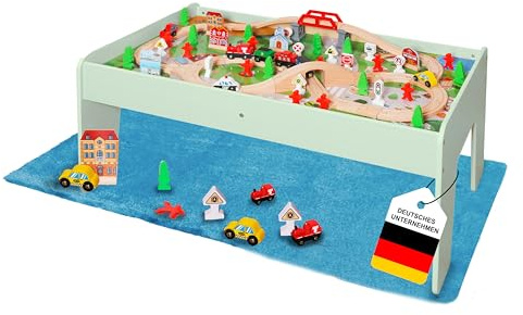 Coemo Table de jeu avec set de 90 pièces Train en bois, vert, jouet de motricité