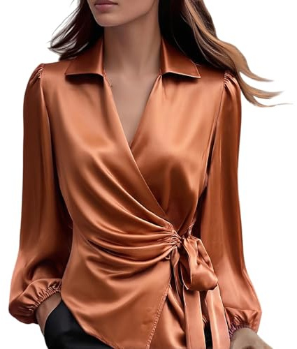 Blusas de satén para mujer, elegantes blusas de seda, cuello en V profundo, manga larga, camisas elegantes con lazo en la cintura, camiseta casual de negocios, marrón, XXL