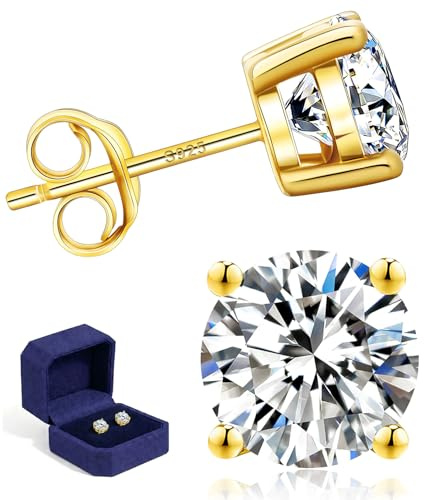 Vergoldete Ohrringe 925 Sterlingsilber Moissanite Ringschatulle + Geschenkbox - GRA Echtheitszertifikat Solitär Ohrstecker Brillantschliff funkelnder Diamant hypoallergen eleganter Schmuck (4 mm)