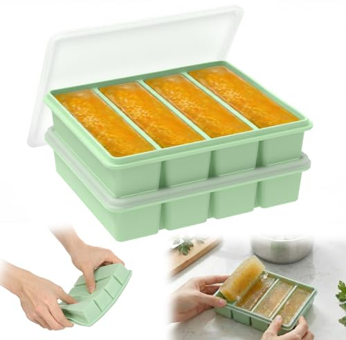 2-pack silikonfrysbrickor med lock, 4 fack, soppfrysbehållare, form, isbitsform för tillredning av måltider och för att frysa soppa, gryta, sås, vitlök, örter