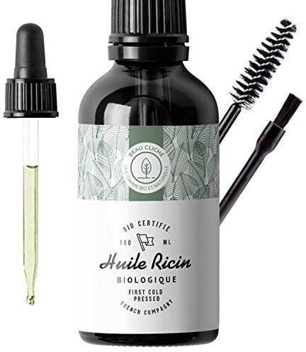 100ml Aceite de Ricino Orgánico, Prensado en Frío, Puro - Estimula y fortalece el crecimiento del cabello, barba, pestañas, cejas, uñas, cutículas y piel - Botella de vidrio, pincel y brocha