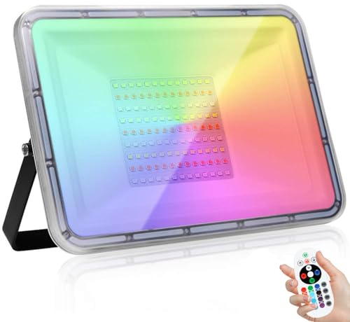 100W RGB LED Strålkastare Med minnesfunktion, Vattentät IP67 RGB Strålkastare med fjärrkontroll, 16 färger & 4 lägen Färgskiftande säkerhetslampa för Fest, Trädgård, Jul, Halloween