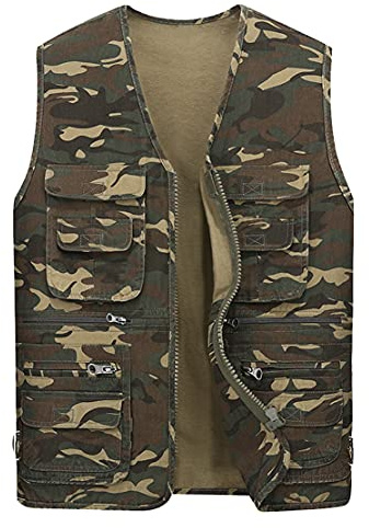 Hwalleum, gilet mimetico da uomo, classico, senza maniche, multi tasca, in cotone, leggero, casual, da lavoro, ideale per fotografia, safari, pesca, viaggi, caccia Verde militare L