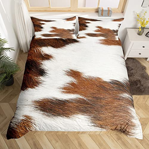 Loussiesd Cow Skin Bedding Duvet Cover Set Kids Brown White Cowhide Fur Bedding Set Women Men Ultra Soft Animal Hair Comforter Cover Set Microfiber Farmhouse Rustic Bedspread Cover Bedroom Double