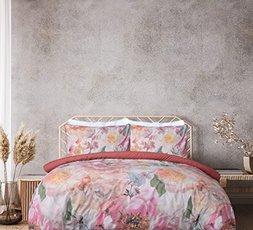 Sleepdown 100% Pure Cotton Large Floral Multi Dark Rose Plain Reverse Duvet Cover Quilt Pillow Cases Bedding Set Soft Easy Care - Super King (220cm x 260cm)