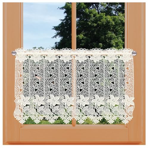 Scheibengardine Aurora Vogtländische Spitze | moderner Scheibenhänger Blumenmuster in natur | elegante Spitzengardine mit Blüten | Luftspitzen-Kurzstore im Landhaus-Stil | Höhe x Breite 40 x 112 cm