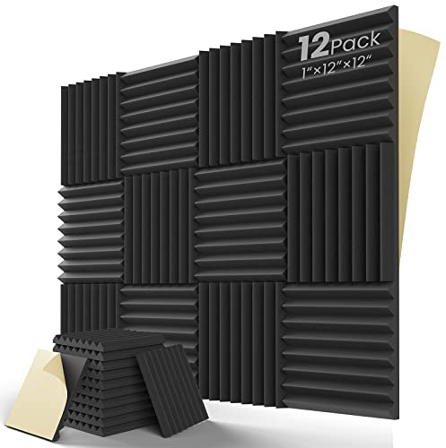 LEIYER Upgrade 12 pack Sound Proof Foam Panels With Self-Adhesive, 1 X 12 X 12 Acoustic Panels Quick-Recovery, Acoustic Foam Wedges High Density (12pcs, Black)