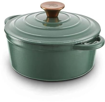 Barbary & Oak BO800250GRN Round Cast Iron Casserole Pan with Durable Enamel Interior, 20cm, Verdigris Green
