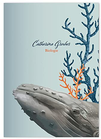 Kartenkaufrausch 16x personalisierte Schöne Deepsea DIN A4 Schulheft, Schreibhefte mit Walen zwischen Korallen in Hellblau Lineatur 25 (liniertes Heft)
