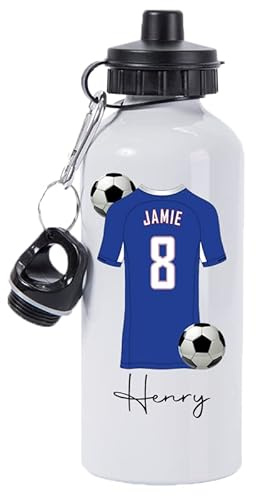 Pickhut Personalised Football 600ml White Aluminium Sports Water Bottle Back to School Gift for Kids, Customised with Name/Number/Text with Football Shirt Blue Jersey Kit (D11)
