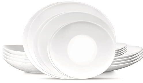 Bormioli Rocco Prometeo - Set di stoviglie da 18 pezzi, per 6 persone, in vetro opale temperato, bianco pulito, design curvo con texture esterne, lavabile in lavastoviglie e adatto al microonde.