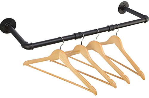 ITOOLFIRM Heavy Duty Iron Pipe Clothing Rack, 70cm Adjustable Metal Garment Tidy Rail Wall Mounted, Matt Black Vintage Steel Rod Wardrobe Storage Hanging Bar 20cm Deep