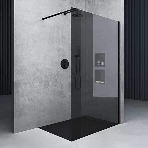 Mai & Mai Box Doccia Walk-In 140x200cm, Parete Doccia in Vetro 8mm Braccio di Sostegno 70-120cm MMBR3 Vetro di Sicurezza ESG con Rivestimento Nano Nero Bremen01VG