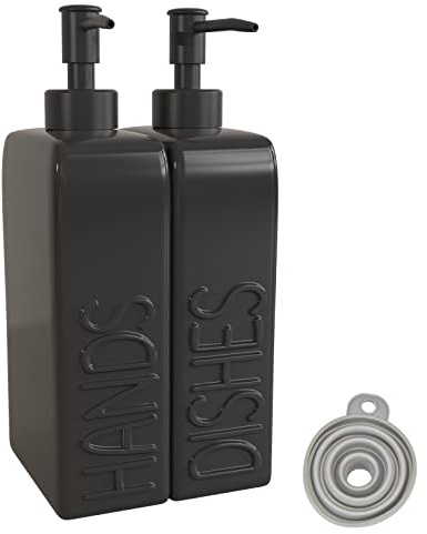 Karisky Set dispenser di sapone con pompa in acciaio inossidabile, confezione da 2 dispenser di sapone per piatti e sapone per le mani in ceramica ricaricabile per cucina, bagno, nero opaco