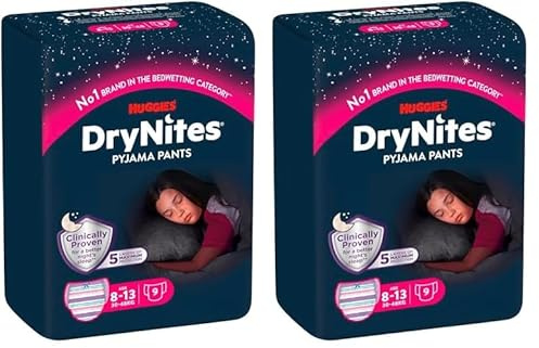 Huggies DryNites Nachtwindeln, für Mädchen 8-15 Jahre (27-57 kg), hochabsorbierende bei Bettnässen, 9 Stück (2er Pack) Windel-Pants