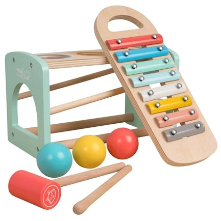 Owl & Fox Wooden Xylophone Bench with Coloured Balls & Hammer, Baby and Toddler Musical Instrument Toys. Interactive Play for Ages 1 year and Above, Traditional Wooden Toys