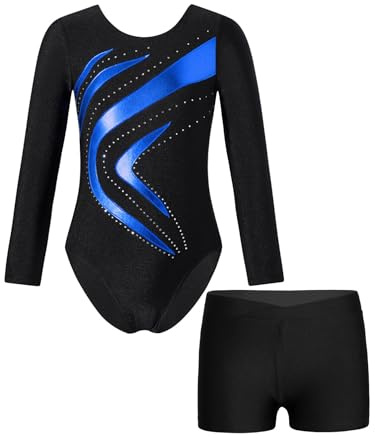 Aislor Kinder Gymnastikanzug Mädchen Glitzer Turnanzug Langarm Tanzbody Mit Gymnastik Shorts Strass Turnbody Ballett Ballettkleidung Trikotbody Königsblau 134-140
