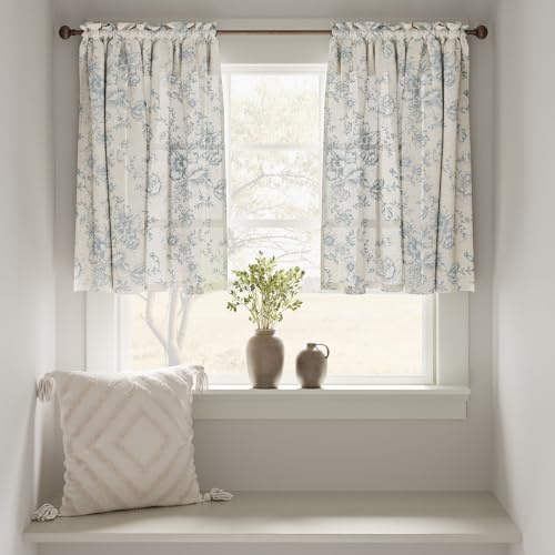 TOPICK Leinen Scheibengardinen Blumen Küchengardinen Landhausstil Modern Gardinen Vorhänge Kurz Bistrogardine für Frühling Wohnzimmer Badezimmer Kurzstores,2er Set 65 B x 60 H (cm),Blau auf Beige