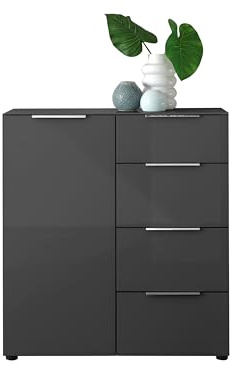 SANTORIN Kommode Anthrazit mit Glasfront 90 x 99 x 40 cm (B/H/T) | Schrank mit 4 Schubkästen, 1 Tür mit 2 verstellbaren Einlegeböden, Lip-Griffe aus Metall, viel Stauraum