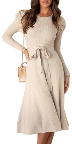 IBAKOM Femmes Automne Pull Robe Hiver Skinny Tricot Manches Longues Lacets Volants Midi Robe A - Type Robe D�contract�e Beige M