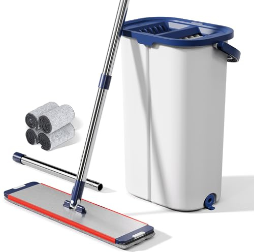 Large Mop and Bucket with Wringer Set for Home, Hands Free Flat Floor Mop and Bucket System with 4 Washable Microfiber Pads, Wet and Dry Use, Mops for Floor Cleaning, Two Bucket Mop System
