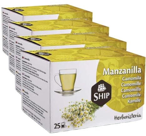 Ship - Té de Manzanilla en Caja de 25 Unidades - Aporta Bienestar y Tranquilidad - Posee Propiedades Digestivas - Sabor Dulce - Sin Cafeína - Infusión Digestiva (Paquete de 4)