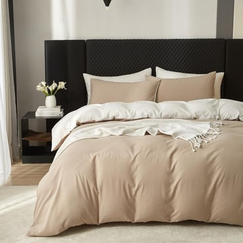 Boqingzhu Bettbezug Set 200x200 Baumwolle, Beige Weiß Bettwäsche 3 Teilig, Weich Atmungsaktiv Pflegeleicht, Reißverschluss, Doppelbett Bettgarnitur Wendebettwäsche Set