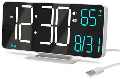 KOSUMOSU LED-Uhr, 17 cm (6,7 Zoll), kleine weiße Digitaluhr, digitaler Wecker für Schlafzimmer, Kalender, Dual-Alarm, Datum, Sekunden, Wochentag, Dimmen, Temperatur, Uhr
