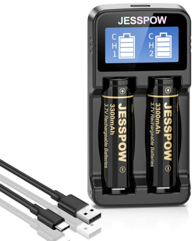 3.7 V 18650 Rechargeable Battery Flat Top (2 Pack) with Charger, 3300mAh Large Capacity Rechargeable Batteries for Flashlight, Headlamp, Small Fan
