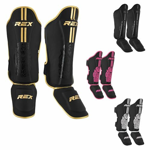 Rex Sports Endurance Shin Guard Instep for Kickboxing, MMA fighting pads, kickboxing shinpads, Muay Thai Leg pads, Rexene Leather Boxing protection for legs (GOLD/BLACK, M)