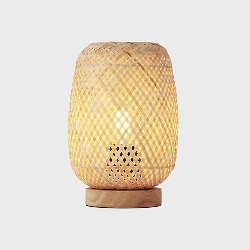 BARCELONA LED – Lámpara de Mesa de Mimbre y Madera Ruka – Diseño Artesanal con Pantalla Enrejada. Estilo Rústico, Boho Natural. E27 – Lámpara de sobremesa ideal para Salón, Dormitorio.