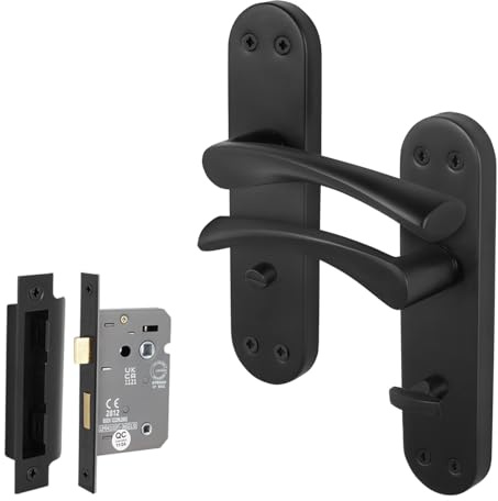 EAI Matt Black Door Handles with Bathroom Lock 64mm - Novoli | Complete Bathroom Kit with 1 Pair of T-Bar Lever on Backplate Door Handles, 64mm Bathroom Lock, Fixings Included