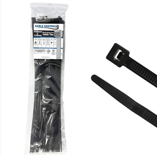 Kable Kontrol Black Cable Ties, 450 mm x 4.8 mm, Pack of 100, 18 Premium Nylon Zip Ties, Multi-Purpose Plastic Tie Wraps, Secure Self-Locking Mechanism, for Home, Garden, Office and DIY | Nylon Plastic, UV-Resistant, Self Locking, UL Listed, Indoor & Outdoor Use