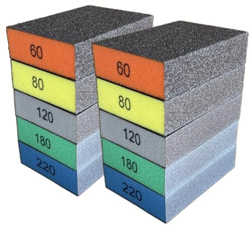 10-Pack Sanding Sponge, Five Grits Per Pack (60/80/120/180/220), Washable & Reusable Sanding Block for Wood, Drywall, Metal, and Glazing, Ergonomic Hand Sanding Tool