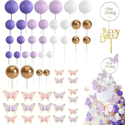 54 Stück Tortendeko Kugeln Cake Topper, Schmetterling Deko Geburtstag, Happy Birthday Tortendeko Kugeln, Torten Deko, Cake Topper, Baby Geburtstag (Lila/rosa)