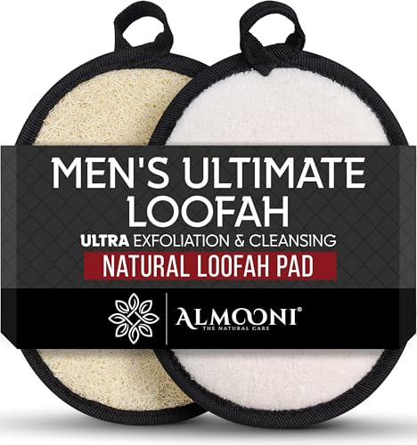 Almooni Natural Exfoliating Loofah for Men, Lightly Abrasive Egyptian Loofah Body Scrubber for Men, Dual-Sided with Cotton Back, Hand Strap, Black, 2-Count
