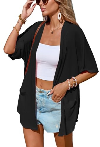 Famulily Black Summer Beach Cover ups for Ladies Short Sleeve Women's Loose Comfy Kimono Cardigans (L, Black)
