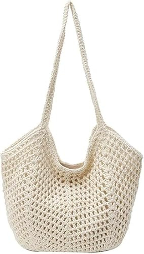 KERLYING Ästhetische Netz-Strandtasche für Damen, gehäkelte Strandtasche mit Hohlsaum, Häkeltasche für Urlaub, Arbeit, Alltag, Sommer (Beige)