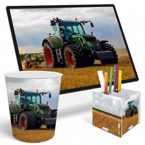 itenga SET Papierkorb Schreibunterlage und Stifteköcher mit Motiv - Papierkorb für Kinder mit Motiv - rund ca. 11 Liter passende Schreibtischunterlage und Schreibtisch Organizer (Motiv Traktor)