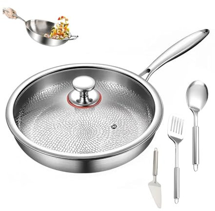 Edelstahlpfanne, Bratpfanne mit Deckel aus gehärtetem Glas, kühl bleibender Griff, spülmaschinenfest, spülmaschinen- und ofenfest, kochgeschirrfrei, Bratpfannen, Kochpfannen, ofenfest bis 900 °F