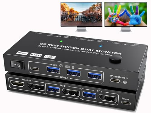 8K Displayport KVM Switch 2 PC 2 Monitor 4K @144Hz 8K@30Hz, MST Dual Monitor KVM Switch DP IN/DP+HDMI Out per 2 PC shar 2 monitor e 4 porte USB 3.0, switch KVM Displayport 1.4 con Wired Remote