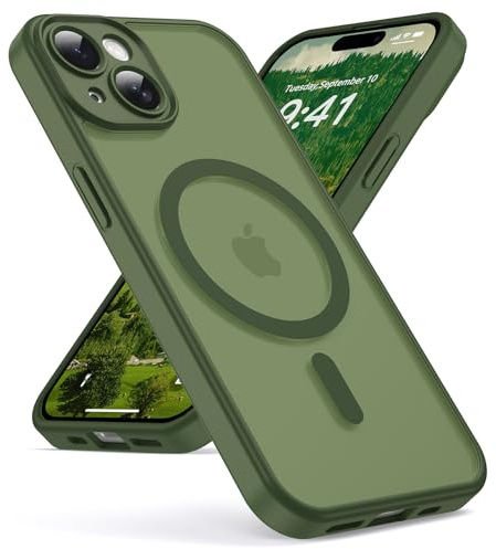 Oududianzi - Magnetica Cover per iPhone 15 Magsafe Case, SogeGreen | Custodia Traslucida Posteriore PC Silicone TPU Bumper, Protezione Della Fotocamera, Cover Militare Antiurto Anti-Impronte