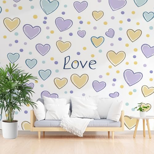 Coeur Dessin Animé Papier Peint Panoramique, Cœur à Pois Dessin Animé Papier Peint Intissé, Style Romantique Moderne Tapisserie Murale Cuisine Salle de Bain, Décoration Murale Chambre, 150 x 105 cm