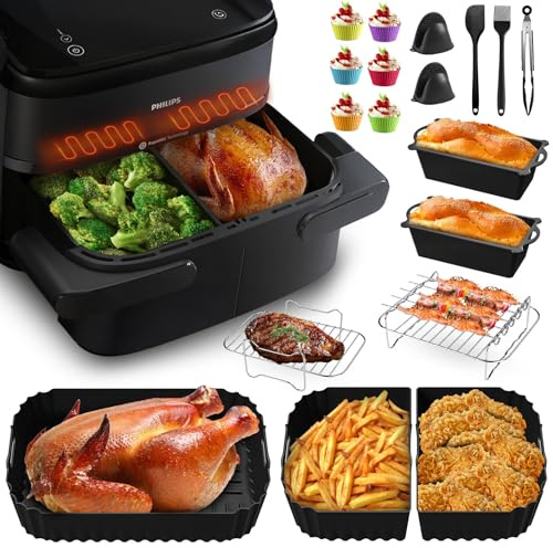 Hot Air Fryer Accessories for Philips Dual Airfryer 1000 Series 7L, Pack of 19 Airfryer Silicone Mould Accessories with Cooking Grate, Cake and Bread Mould